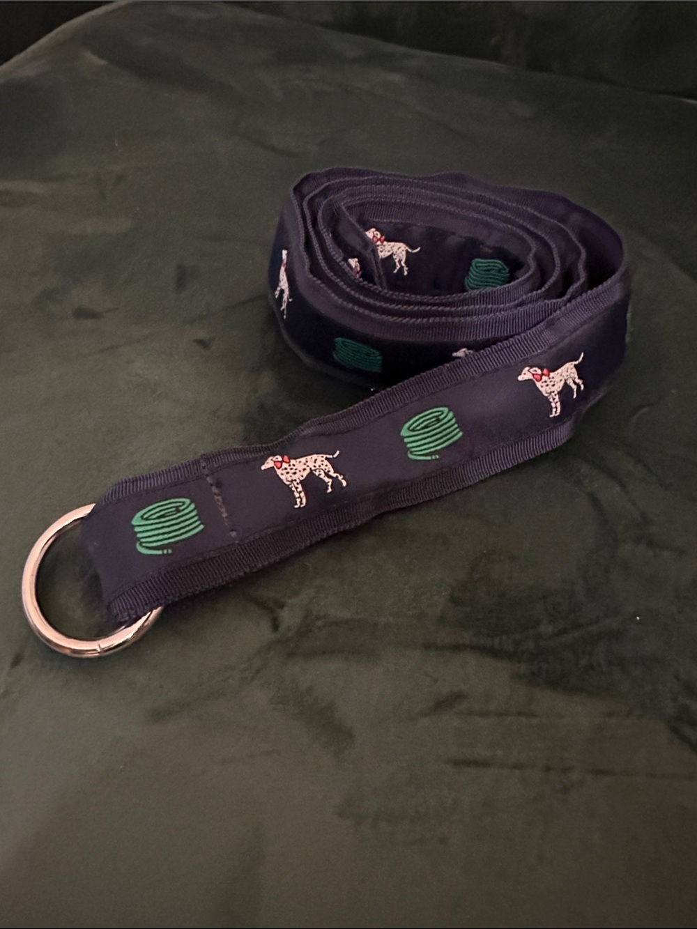 Playful Preppy Navy Embroidered Dalmatian and Fire Hose Pattern Belt with D-Ring